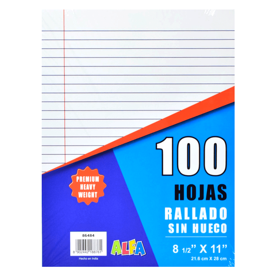 Papel Rayado Sin Huecos 8 1/2"x11" Tamaño Carta